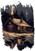 Small wooden cabin in winter forest. Linocut style illustration png