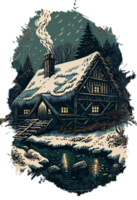 Small wooden cabin in winter forest. Linocut style illustration png