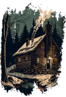 klein houten cabine in winter Woud. Linosnede stijl illustratie png