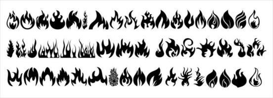 logotipo de fuego. conjunto vectorial de siluetas de fuego con varias formas de carbones ardientes. paquete de vectores de fuego