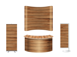 maqueta de diseño de stand de exposición de stand de feria comercial. vista frontal con fondo de textura de madera png