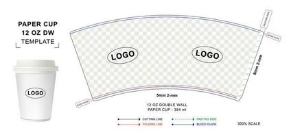 plantilla troquelada de vaso de papel para pared doble de 12 oz vector