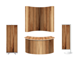maqueta de diseño de stand de exposición de stand de feria comercial. vista frontal con fondo de textura de madera png
