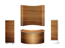 Trade show booth exhibition stand design mock up. Front view with wood texture background png