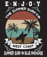 enjoy the summer surf.co west coast summer surf in blue paradise t-shirt design.eps vector