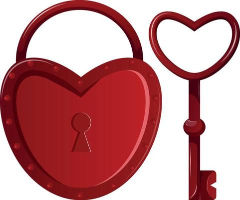 Valentine's day cartoon red heart-shaped lock with keyhole and heart-shaped key on transparent background. Design for advertising poster or mobile app. Vector illustration.
