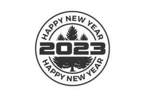 Happy New Year 2023 in a circle shape. Suitable for greeting, stamp, invitations, banners, or background design of 2023. Vector design illustration.