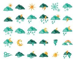 Watercolor weather icons set on blue background. Vector illustration. clouds, dew on leaves, fog sign, day and night for forecast design. Winter and summer symbols, sun and thunderstorm stickers.
