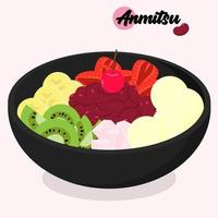 Japanese traditional dessert anmitsu with red bean paste, fruits, and jelly. Isolated Asian food illustration vector