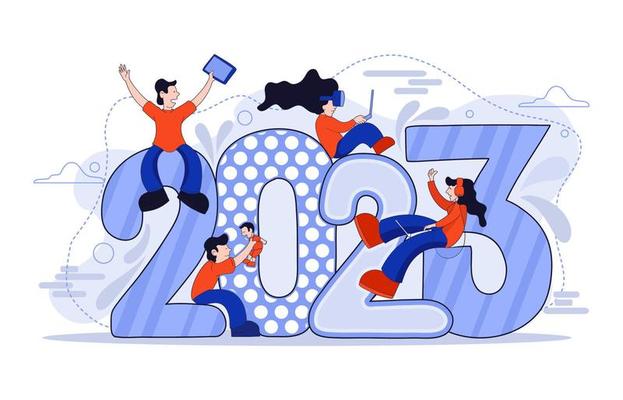 Happy new year 2023 design with cool flat characters design