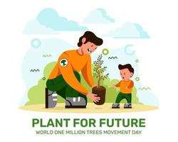 Father and son plant a tree for future. One million trees movement vector