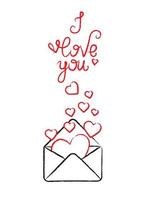 Postcard with envelope, hearts and hand lettering I love you. vector