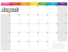 agosto de 2023 calendario planificador mensual colorido del arco iris simple vector