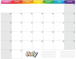 julio de 2023 calendario planificador mensual colorido arcoíris simple vector
