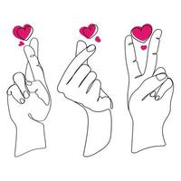 Hand gestures in different poses with hearts set, Finger love symbol.Liner design template for icon,logo,printing,romantic design elements Vector illustration.Female hand gestures line art drawing