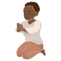 Praying black african child boy vector concept illustration.African american little boy with hands folded in prayer,praying kneeling modern flat illustration,cartoon style