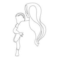 silueta minimalista de mujer sosteniendo ilustración vectorial de dibujo de línea de bebé. concepto de madre e hijo. dibujo de una línea mamá está sosteniendo a su bebé, vista posterior. dibujo de boceto aislado en fondo blanco vector