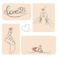 Romantic card or poster templates collection with glasses in hands, hearts and love lettering Minimal line drawing on pastel pink background in boho style Vector graphics.Modern backgrounds,elements