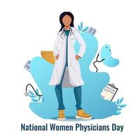 National Women Physicians Day.Woman doctor in a dressing gown. Template for banner, advertisement, postcard. medical equipment. vector illustration. Strong woman.