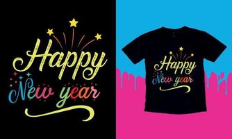 Happy New Year 2023, Happy New Year t shirt Design, lettering vector illustration isolated on Black background, New Year Stickers Quotas, bag, cups, card, gift.