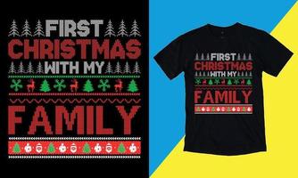 primera navidad con mi familia diseños de productos navideños. tipografía navideña con letras dibujadas a mano para la moda de prendas de vestir. citas de religión cristiana que dicen para imprimir. vector