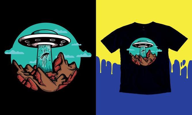 Modern collection of acid UFO posters in the style of Techno, Rave music with neon 3d realistic alien psychedelics. World UFO Day. Print for clothing sweatshirts and t-shirts isolated background
