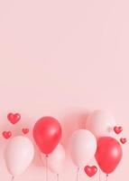 Pink vertical background with hearts, balloons and copy space. Valentine's Day, Mother's Day backdrop. Empty space for advertising text, invitation, logo. Postcard, greeting card design. 3D render. photo