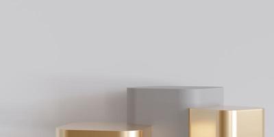 Three gray and golden podiums on beige background. Elegant stage for product, cosmetic presentation. Luxury mock up. Pedestal, platform for beauty products. Empty scene. Display, showcase. 3D render. photo