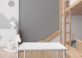 Empty white table top and blurred kids room interior on the background. Copy space for your object, product, toy presentation. Display, promotion, advertising. 3D rendering. photo