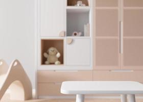 Empty white table top and blurred kids room interior on the background. Copy space for your object, product, toy presentation. Display, promotion, advertising. 3D rendering. photo