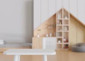 Empty white table top and blurred kids room interior on the background. Copy space for your object, product, toy presentation. Display, promotion, advertising. 3D rendering. photo