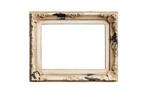 Antique picture frame empty and isolated on white background. Old, vintage, decorative element with free space for your design or text. Frame mockup. photo