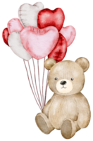 Watercolor Valentine's Day Teddy bear holding balloons png