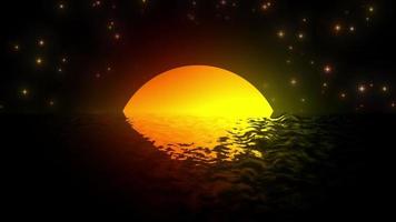 Sonne steigt Form Wasseroberfläche mit blinkenden Sternen Retro-Animationshintergrund, Mond im Stil der 80er Jahre und Sternenhintergrund. Mondaufgang nahe am Meer mit Sternen, Mond-Retro-Animationshintergrund