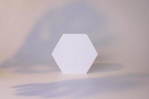 White hexagon on the white background with leaves shadows. Mock up for product, cosmetic, beauty presentation. photo