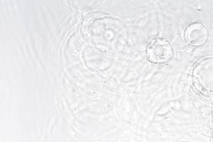 White, transparent and clear water surface with splashes and little bubbles. Water texture. Close up view. Trendy abstract nature background. photo