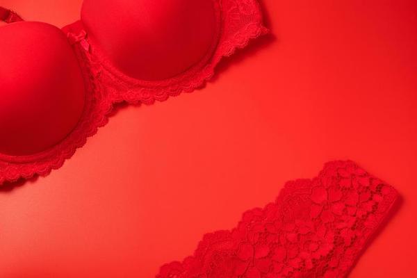 Beautiful female lacy panties and bra on red background. Sexy red underwear.  Free space for text, copy space. Love and passion. 16628154 Stock Photo at  Vecteezy