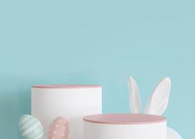 Two podiums with Easter eggs, rabbit ears and copy space on blue background. Stage for product, cosmetic presentation. Easter mock up. Pedestal, platform. Empty scene. Display, showcase. 3D render.
