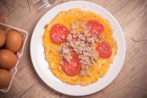 Tomato omelette with minced pork. Copy space. photo