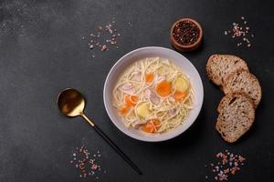 deliciosa sopa con fideos, pollo y zanahorias con especias y hierbas foto
