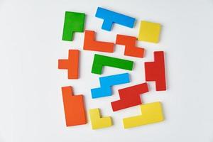 Different wooden blocks on white background. photo