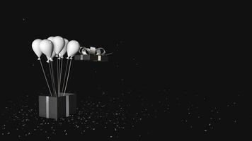 geschenk doos schitteren ontladen en ballonnen vlieg uit zwart en wit video