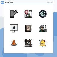 Group of 9 Filledline Flat Colors Signs and Symbols for food biscuit cancel security computer Editable Vector Design Elements