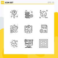 Pack of 9 creative Outlines of animation horn browser cornucopia planet Editable Vector Design Elements