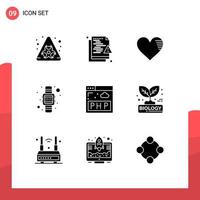 Modern Set of 9 Solid Glyphs Pictograph of data watch heart time report Editable Vector Design Elements