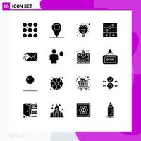 Pack of 16 Modern Solid Glyphs Signs and Symbols for Web Print Media such as mail sound waves bulb sound frequency equalizer Editable Vector Design Elements