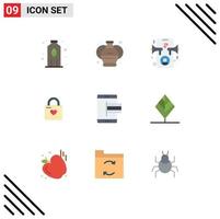 Mobile Interface Flat Color Set of 9 Pictograms of e heart lock advertising heart hacker locker Editable Vector Design Elements