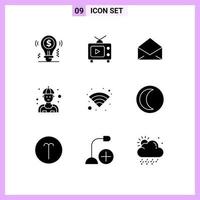 Mobile Interface Solid Glyph Set of 9 Pictograms of technology plumber video mechanic open Editable Vector Design Elements