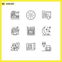 Group of 9 Outlines Signs and Symbols for monday web gdpr salad cucumber Editable Vector Design Elements