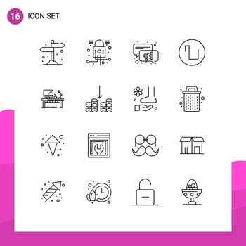 16 User Interface Outline Pack of modern Signs and Symbols of desk business conversation workplace square Editable Vector Design Elements
